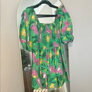 Vibrant Green Dress with Pink and Yellow Animal Print